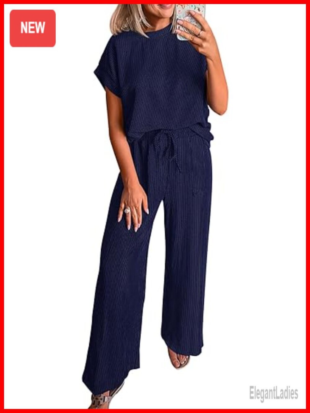 Ribbed Knit 2 Piece Lounge Set Short Sleeve Top Wide Leg Pants
